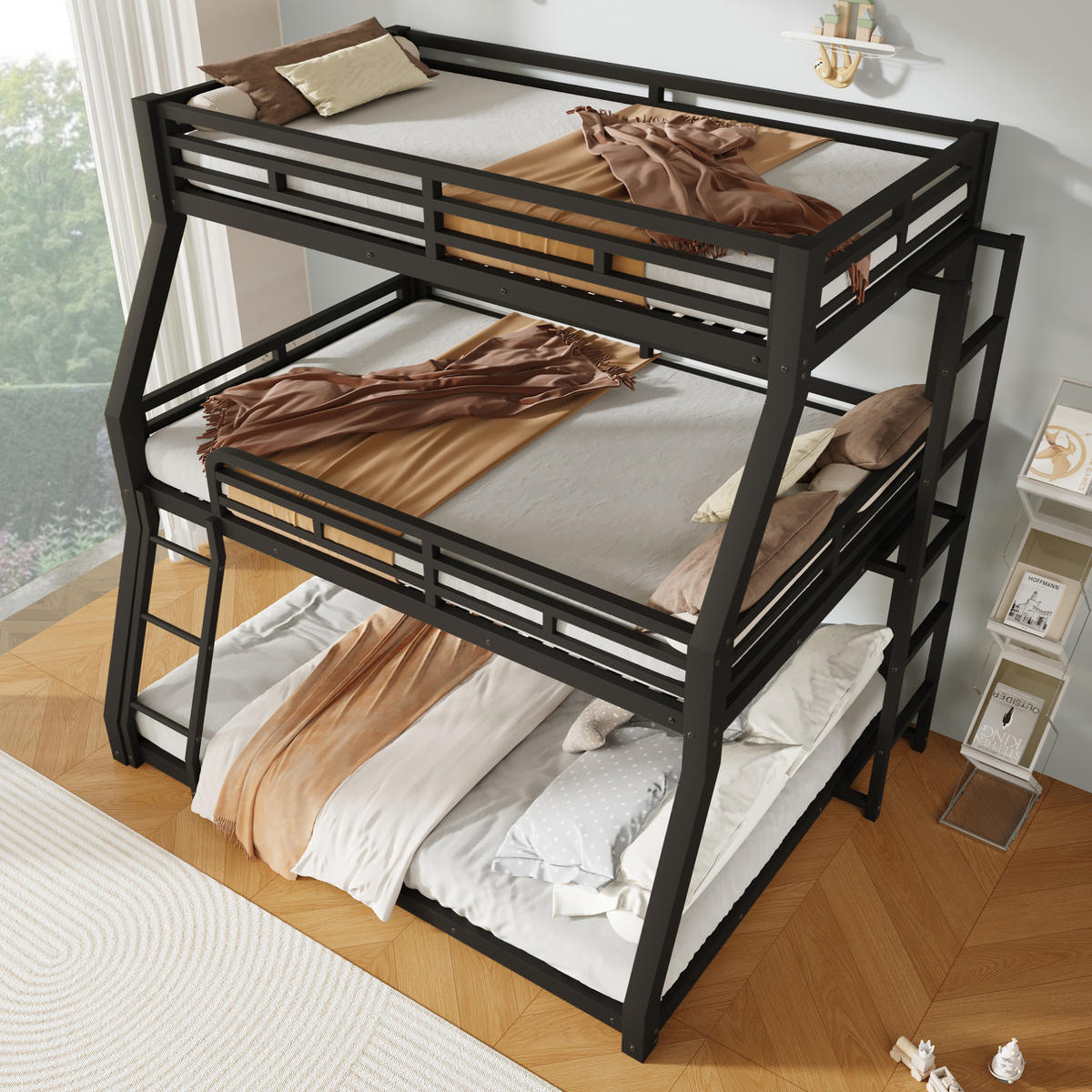 DREIFACH-ETAGENBETT aus Metall 90x200, 120x200 und 140x200 cm Schwarz mit 2 Leitern - Schwarz, Metall (90/200cm) - Modfu