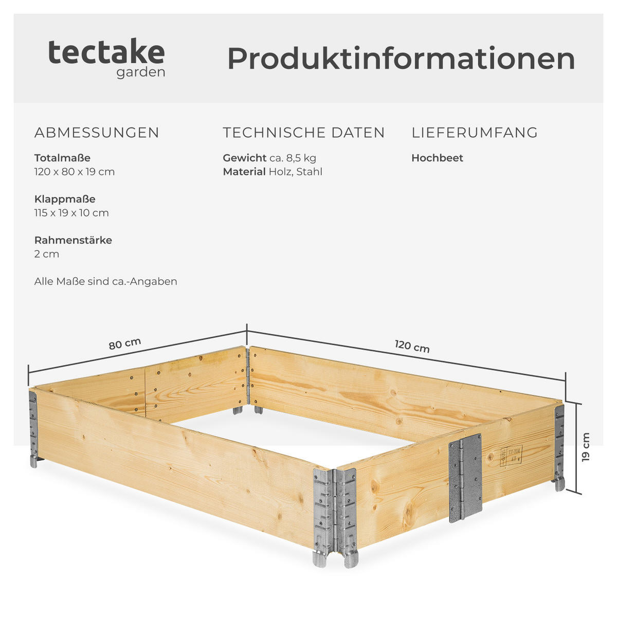 HOCHBEET 1er Set, 120 x 80 x 19 cm, holzdekor - Eiche Artisan, Holz (80/19/120cm) - tectake