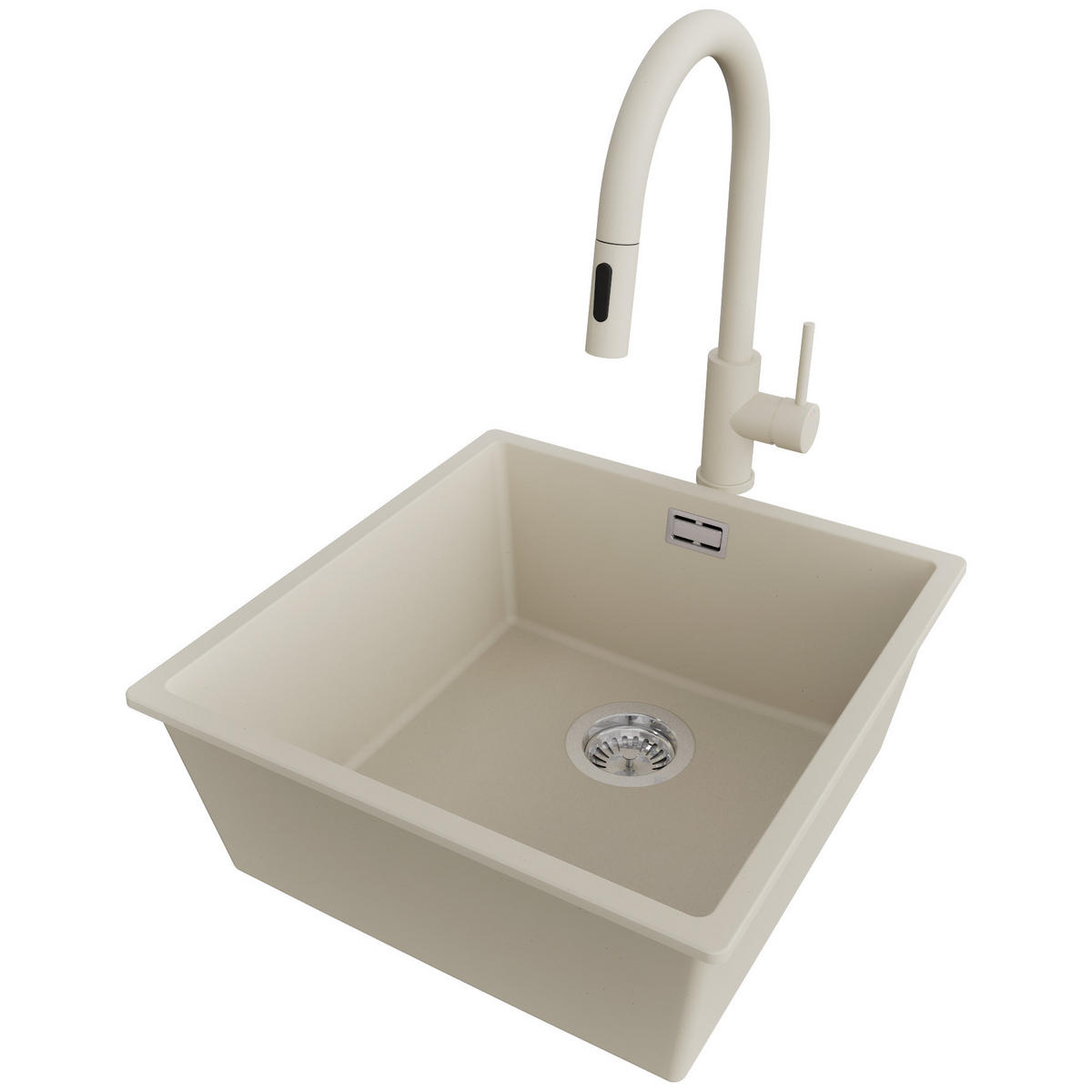 UNTERBAUSPÜLE GRANIT London, 2-er set Beige 46/47 cm 1 Becken + Küchenarmatur 40/20 cm + Ablauf-Set ab 50er Unterschrank - Chromfarben/Beige, Kunststoff (46/20/47cm) - Primagran