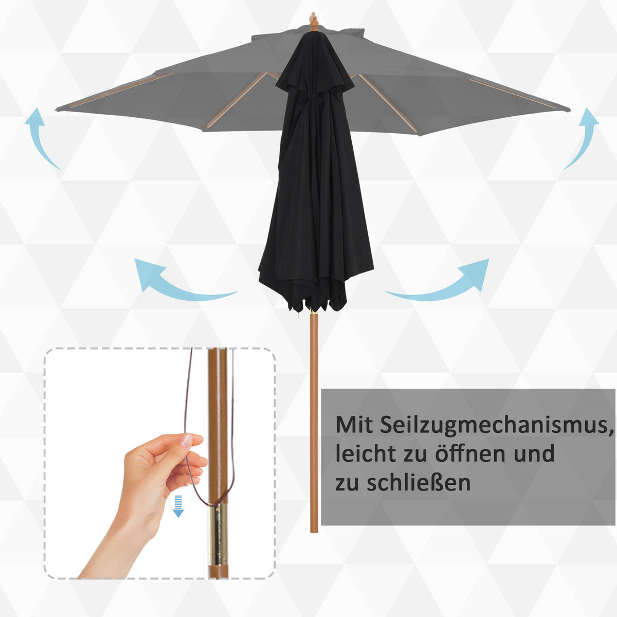 SONNENSCHIRM, Bambus+Tannenholz, Schwarz - Schwarz, Naturmaterialen/Holz (250/250cm) - Outsunny