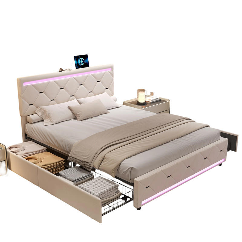 SHOPENTRA ČALOUNĚNÁ postel 140x190 cm krémová sametová LED USB 4 zásuvky úložný prostor