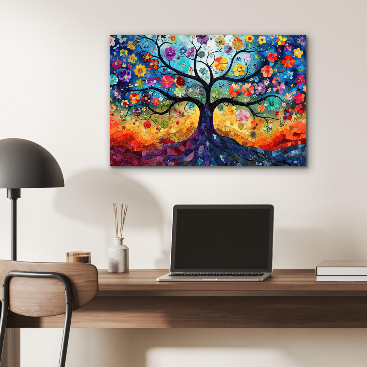 METALLBILD Kunst - Baum des Lebens - Blumen - Hippie 60x40 cm - Dunkelblau, Metall (60/40cm) - MuchoWow