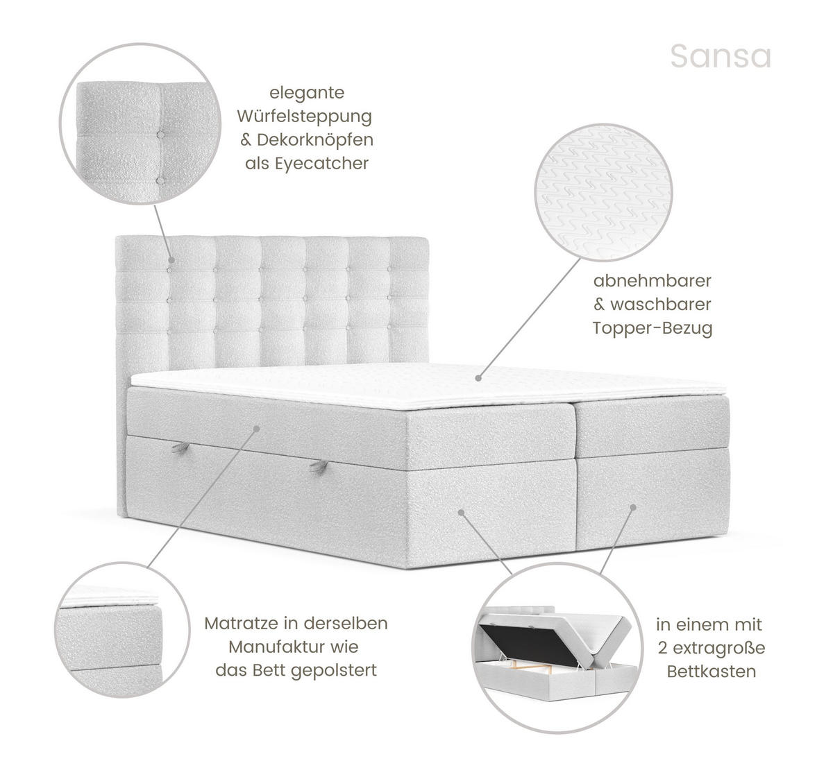 BOXBETT Sansa Hellgrau 160/200 cm mit Taschenmatratze und Topper - Hellgrau/Schwarz, Holz/Holzwerkstoff (160/200cm) - Maison de Reve