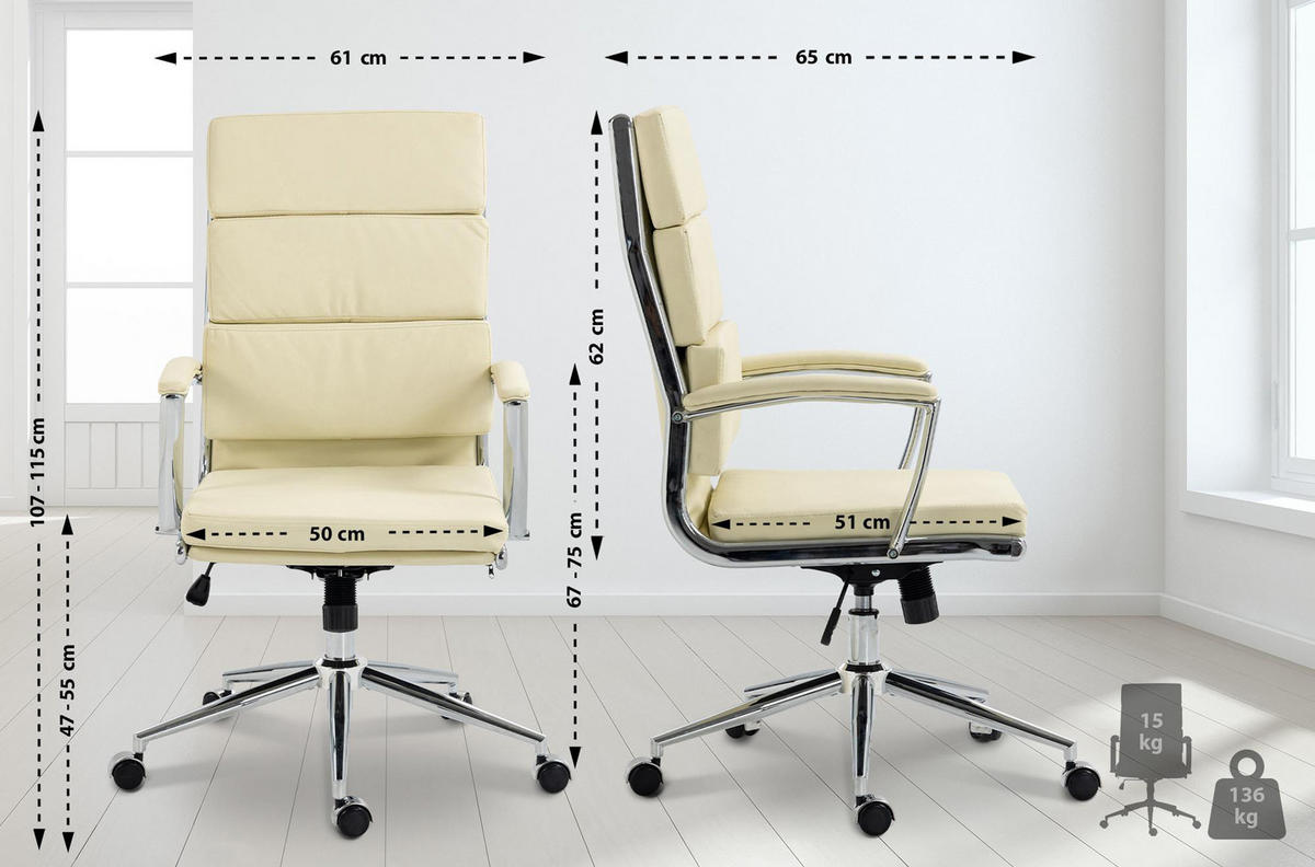 BÜROSTUHL Cyron Kunstleder creme - Chromfarben/Creme, Metall (61/115/65cm) - TPFLiving