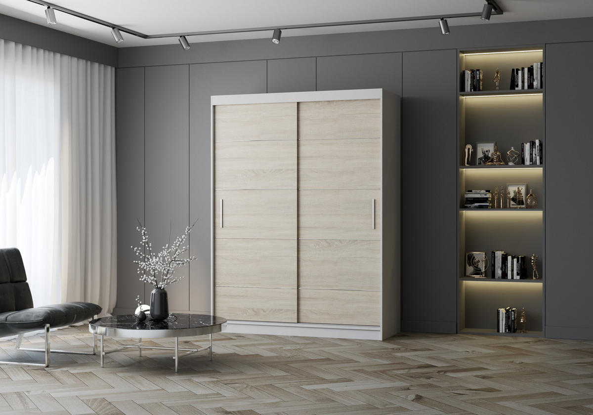 SCHIEBETÜRENSCHRANK - Lara 06 - Weiß + Sonoma - Weiß/Sonoma Eiche, Holzwerkstoff/Metall (150/200/61cm) - Möblo