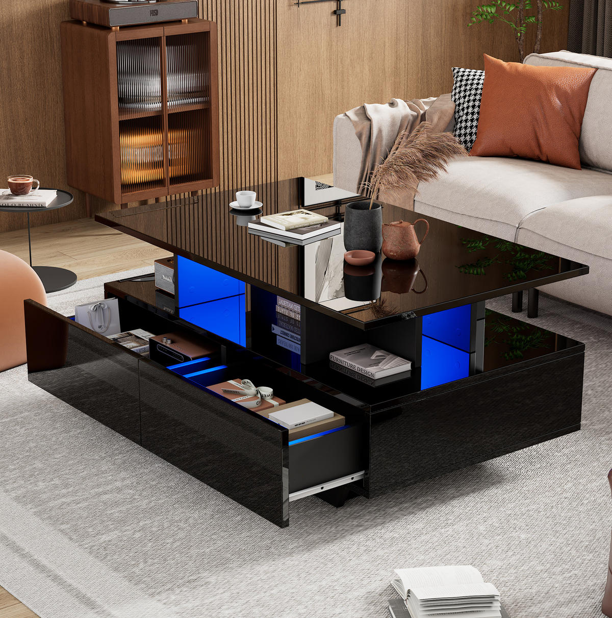 COUCHTISCH mit 2 Schubladen 90x55x41 cm Hochglanz Schwarz mit LED - Schwarz, Holzwerkstoff (90/55/41cm) - Meubliv