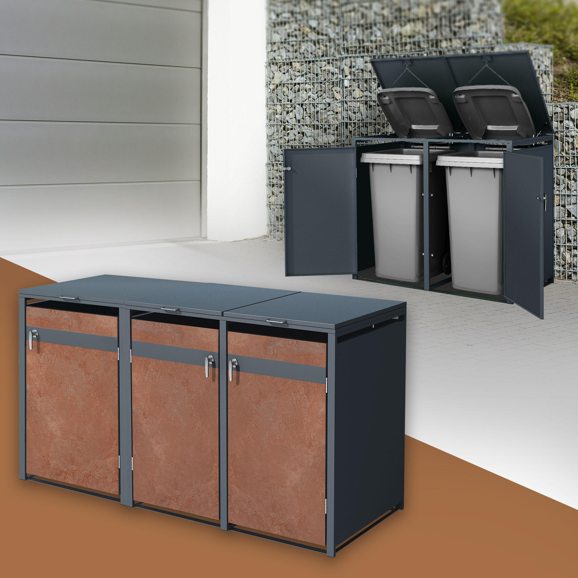 MÜLLTONNENBOX 3er Anthrazit-Rostoptik - Rotbraun, Metall (80/116.3/200cm) - ML-DESIGN