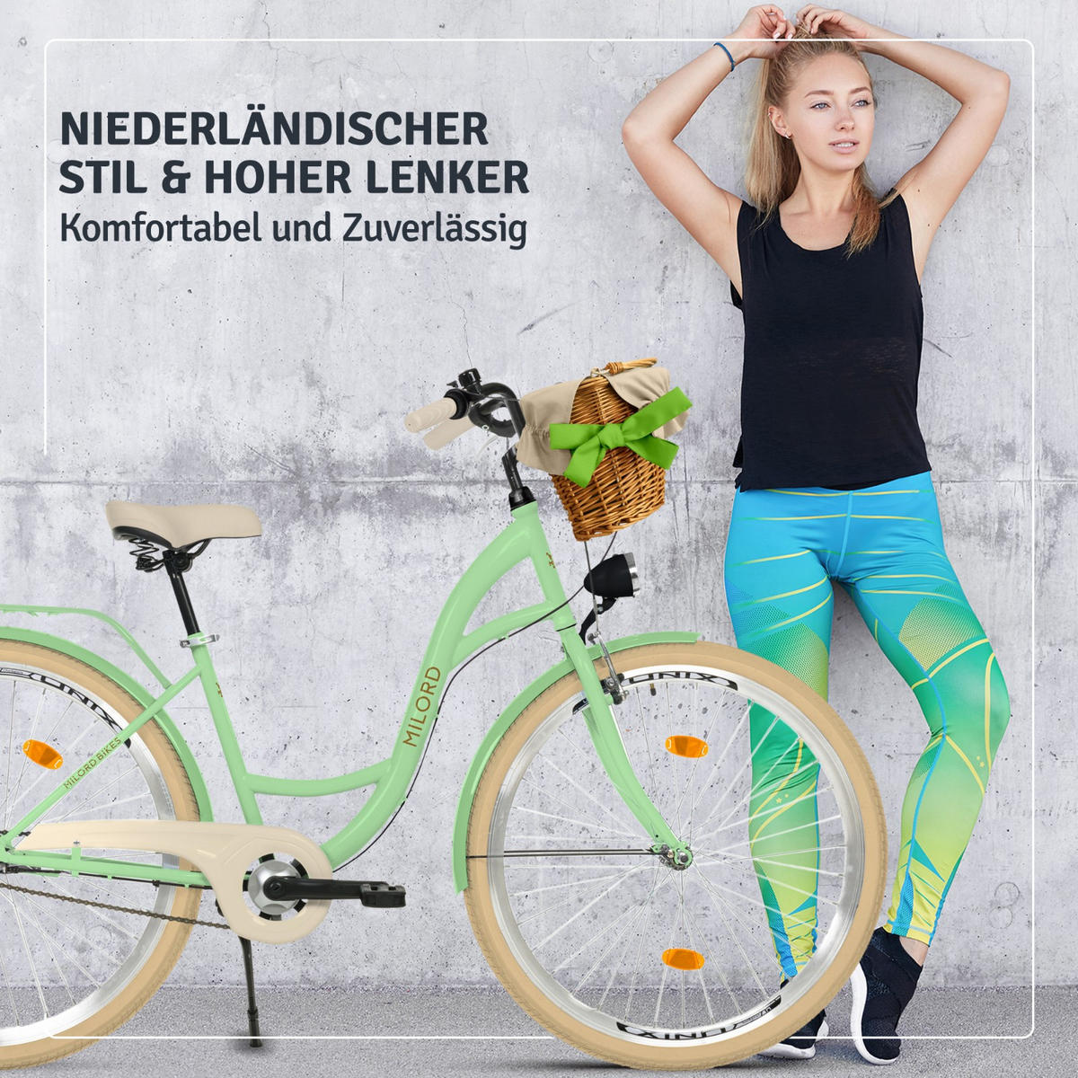 CITY-FAHRRAD Milord mit Weidenkorb, 26 Zoll, Mintze, 3-Gang - Grün, Metall (46cm) - Milordbikes