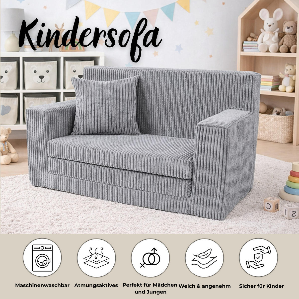 KINDERSOFA aus Kuschel-Cord in Hellgrau - Hellgrau, Textil (83/47/43cm) - Fortisline