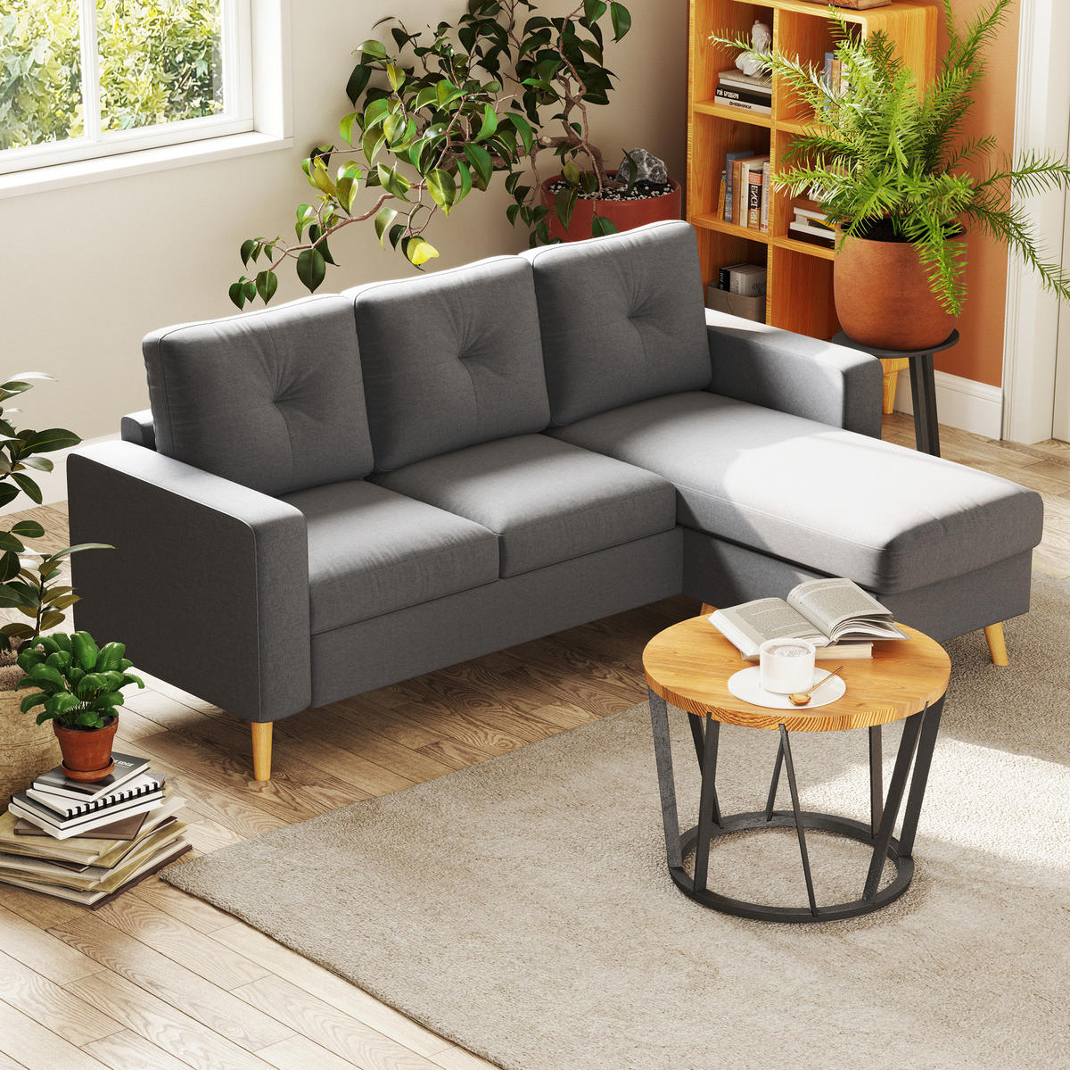 ECKSOFA aus Leinen 193x136x85 cm in Grau mit Chaiselongue - Grau, Textil (136/193cm) - Modfu