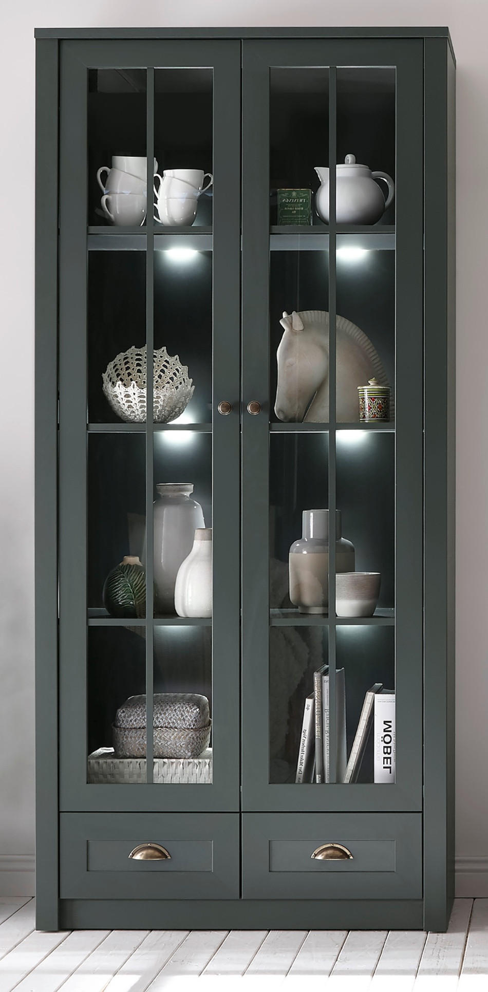 VITRINE grün Landhaus 90 x 197 cm, Vitrinenschrank für Wohn- und Esszimmer - Chromfarben/Schwarz, Glas/Holzwerkstoff (90/197/43cm) - Furn.Design