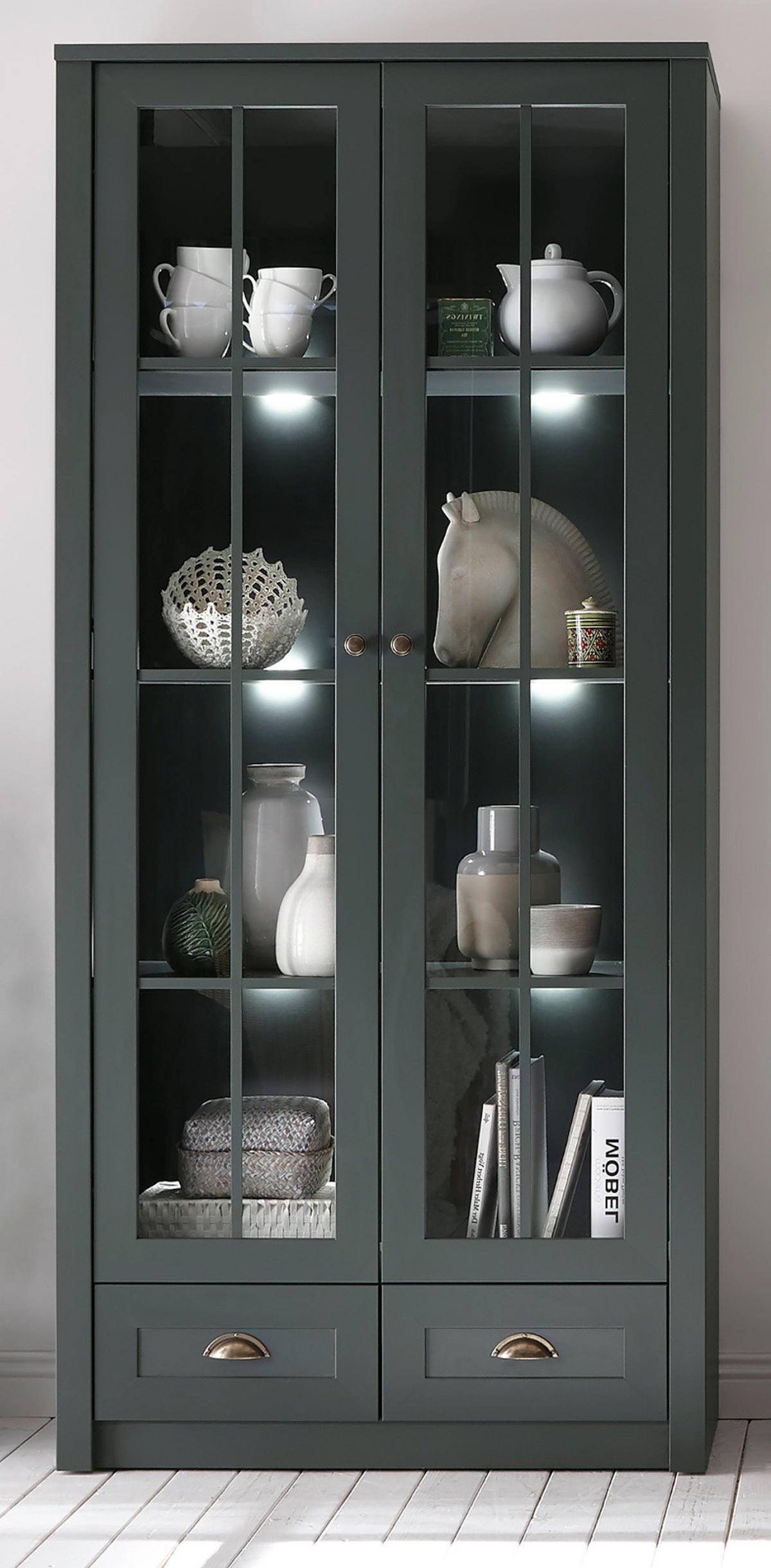 VITRINE grün Landhaus 90 x 197 cm, Vitrinenschrank für Wohn- und Esszimmer - Chromfarben/Schwarz, Glas/Holzwerkstoff (90/197/43cm) - Furn.Design
