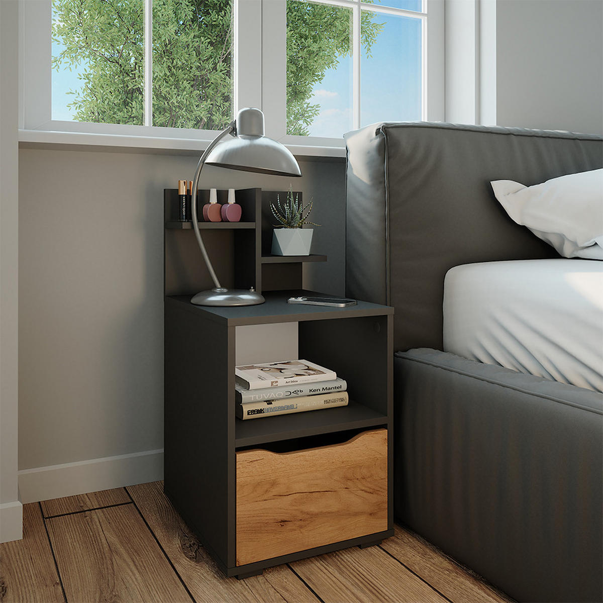 NACHTTISCH Ruben Anthrazit/Goldkraft Eiche 40 x 82.2 cm mit Schublade - Honigeiche, Holzwerkstoff (40/82.2/48cm) - Vicco