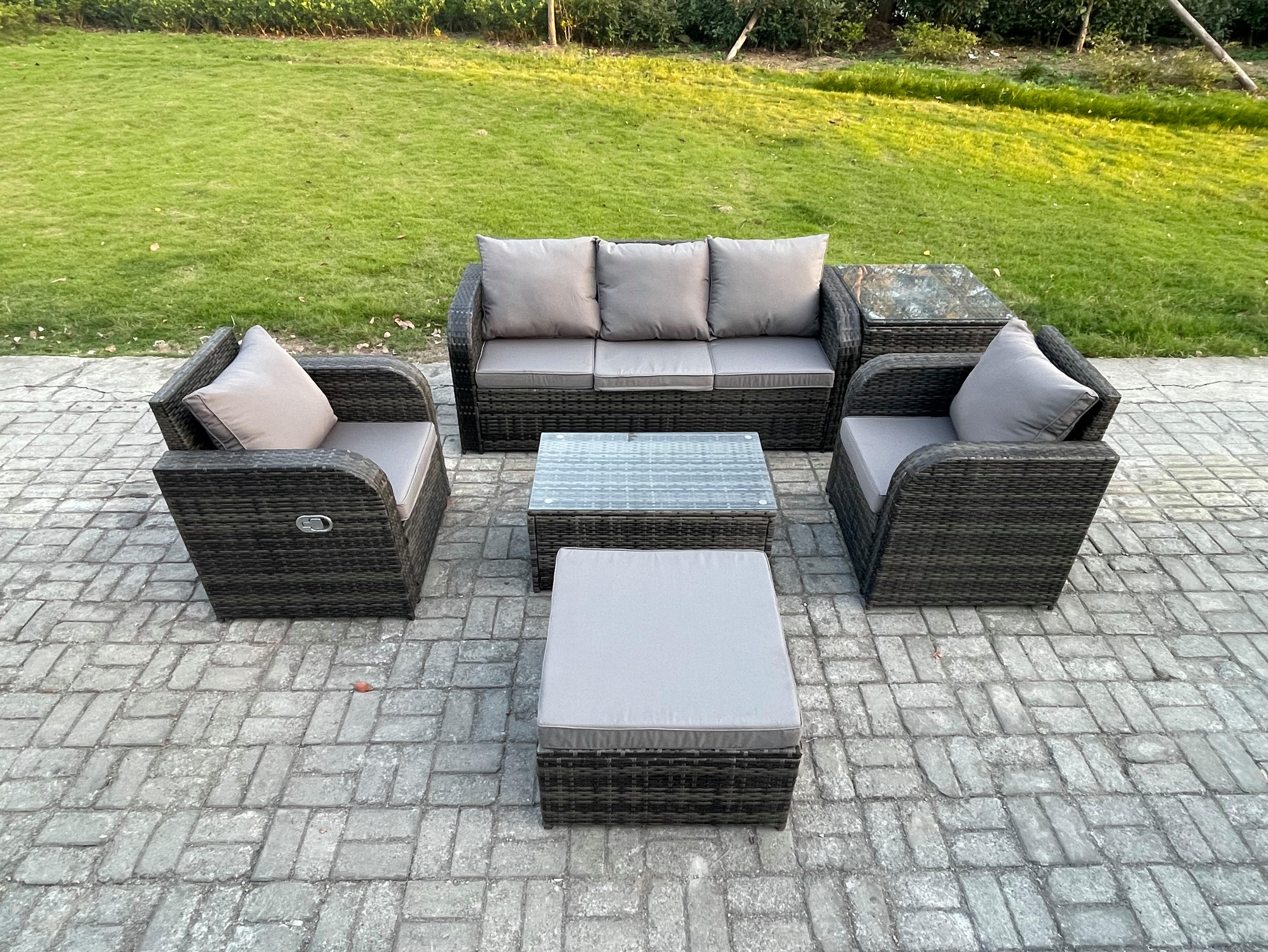 GARTENMÖBELSET mit Couchtisch Polyrattan 6-Sitzer - Dunkelgrau/Grau, Glas/Kunststoff - Fimous