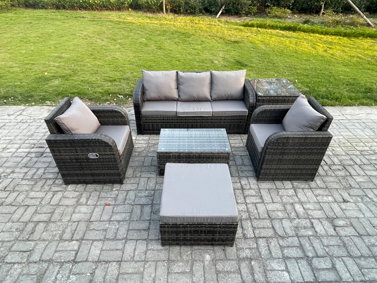 GARTENMÖBELSET mit Couchtisch Polyrattan 6-Sitzer - Dunkelgrau/Grau, Glas/Kunststoff - Fimous