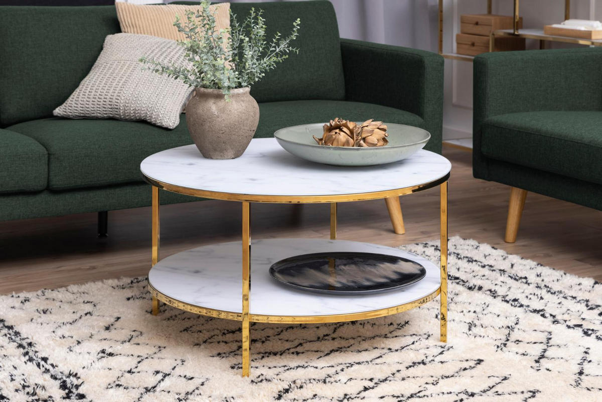 COUCHTISCH Ø80 cm weiss Marmorprint, goldenes Chrom - Weiß, Holzwerkstoff (80/80/45cm) - ebuy24