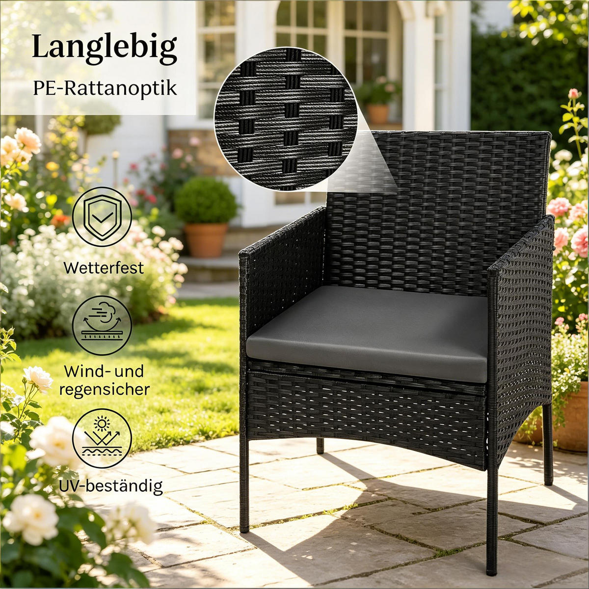 DINING-LOUNGESET 4 Stück mit 1 Couchtisch, 2 Sessel, 1 Doppelsofa - Schwarz, Textil - Coonoor