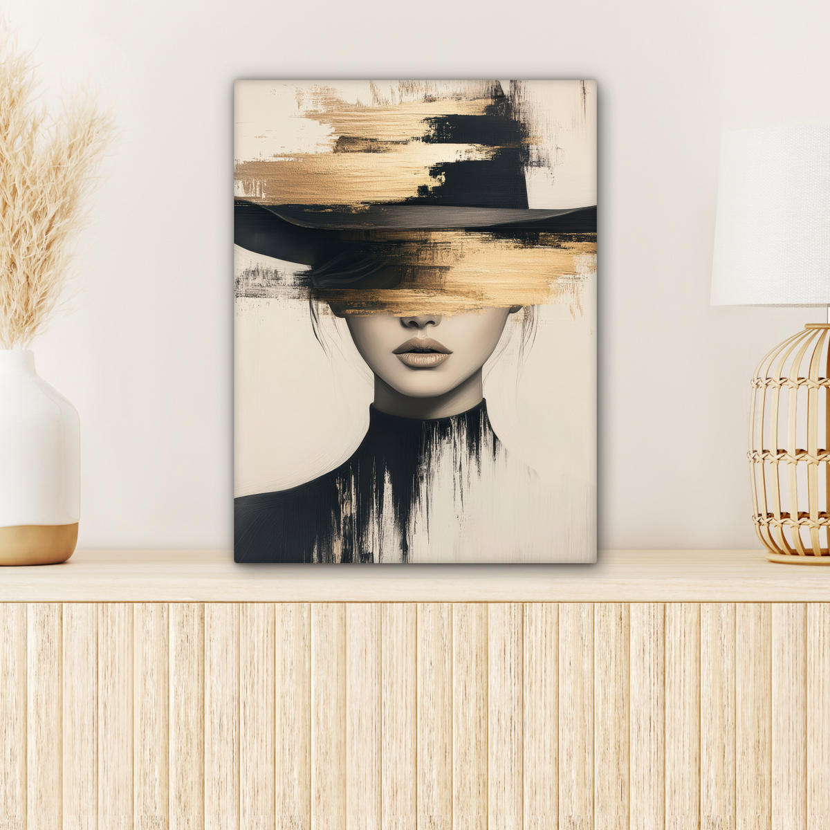 LEINWANDBILD Frau - Hut - Farbe 30x40 cm - Goldfarben, Textil (30/40cm) - MuchoWow