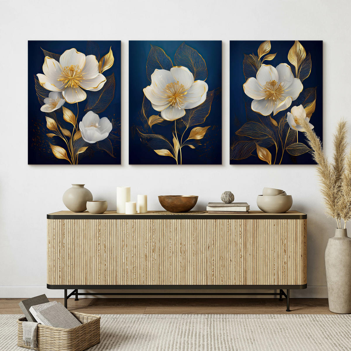 LEINWANDBILDER 3-es Set Glamour Blumen - Blau/Beige, Textil (90/40cm) - Muralo