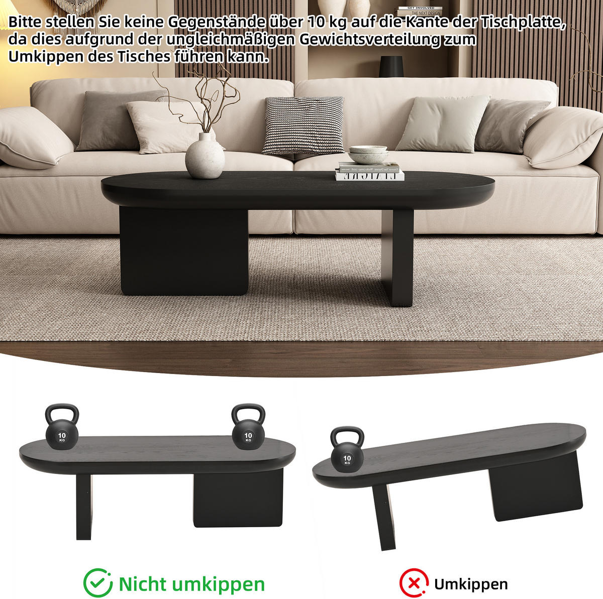 COUCHTISCH 119,7/49,8/35,5 cm in Schwarz aus MDF, oval und minimalistisch - Schwarz, Holzwerkstoff (49.8/119.7/35.5cm) - BEAOK