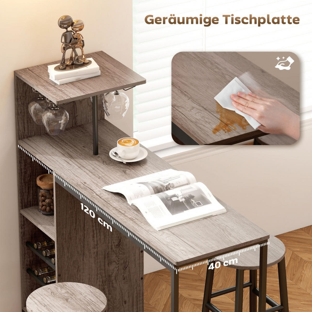 BARTISCH-SET DE-39301 Tisch mit Stauraum und 2 Hockern Grau/Schwarz - Grau, Holzwerkstoff (121.5/122/40cm) - ComfortXL