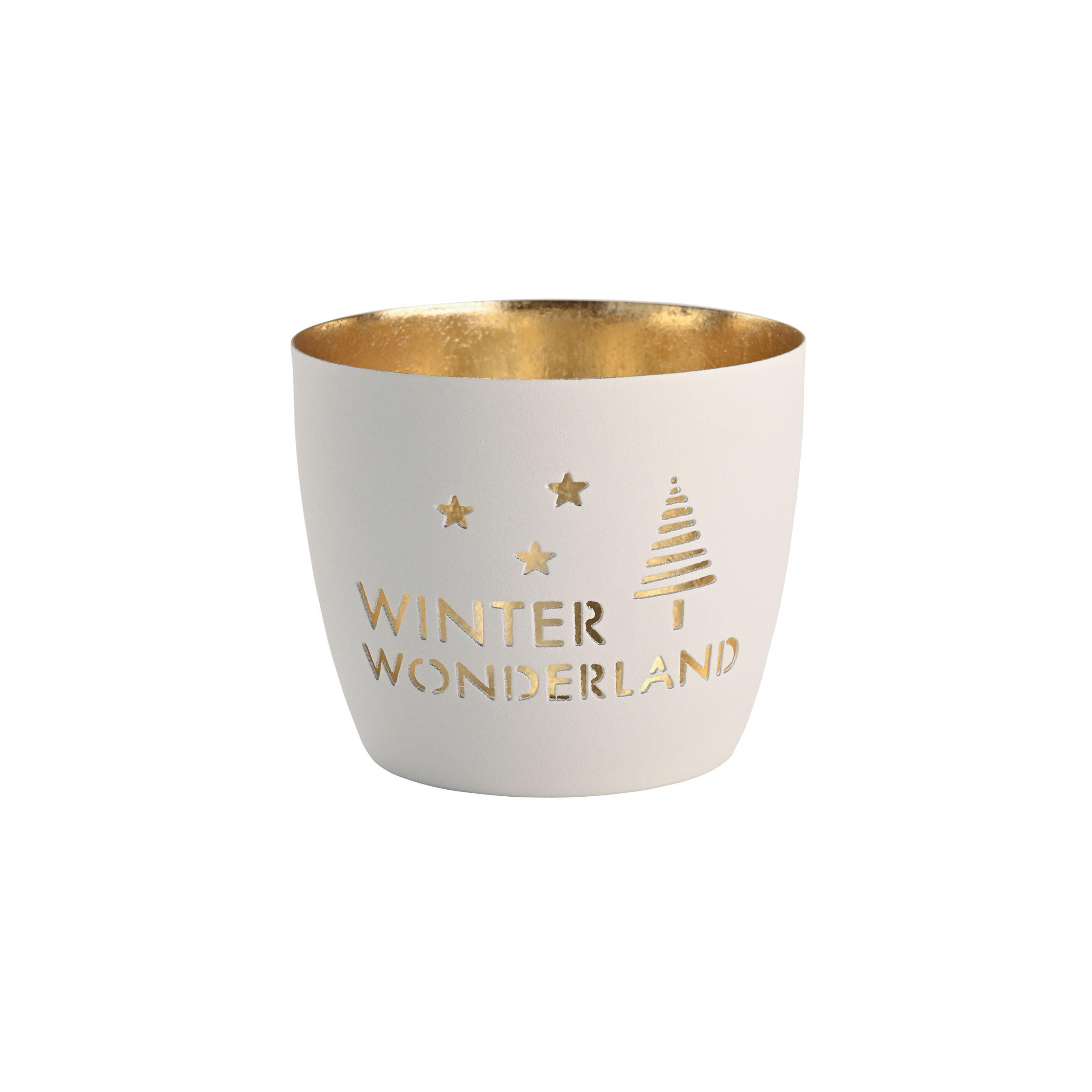 TEELICHTHALTER Madras Winter Wonderland M, Eisen, weiß / Gold, H 8.5 cm - Weiß, Metall (9cm) - Gift Company