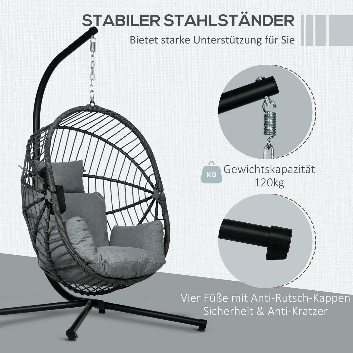 HÄNGESESSEL, Stahl, Polyester, Grau - Grau, Kunststoff/Metall (106/188/120cm) - Outsunny