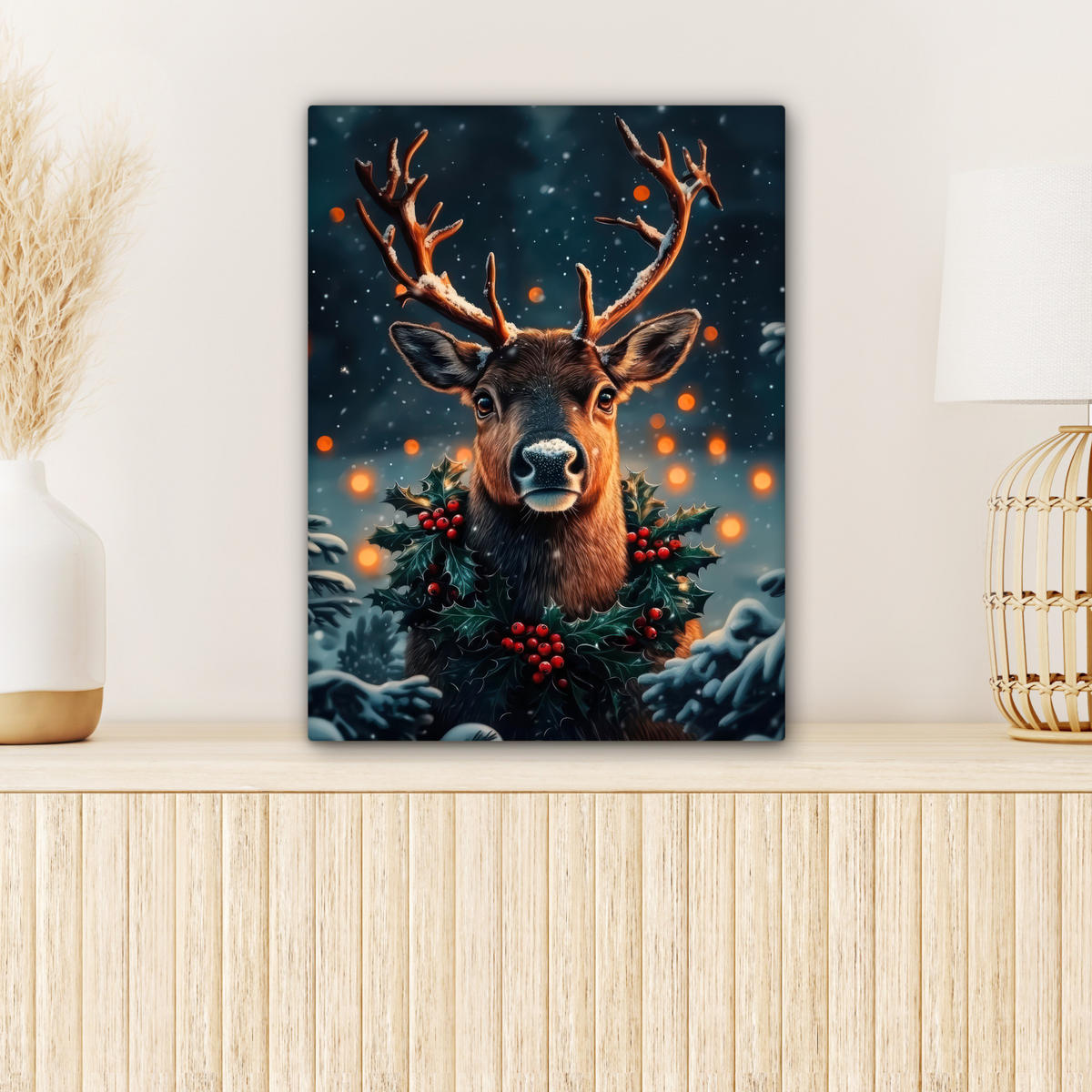 LEINWANDBILD Hirsch - Weihnachten - Winter - Schnee - Weihnachtskranz 30x40 cm - Dunkelbraun, Textil (30/40cm) - MuchoWow