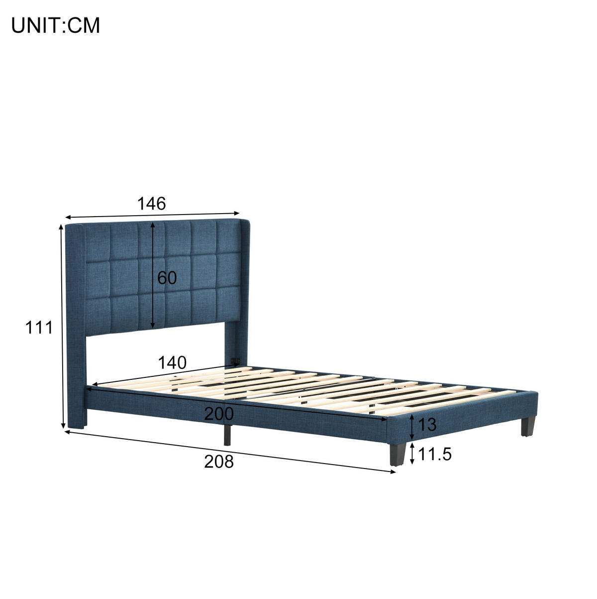 OBLAZINJENA postelja 140/200 cm z letvenim dnom in vzmetnico, visoko naslonjalo, Modra - modra, tekstil (140/140cm) - Redom