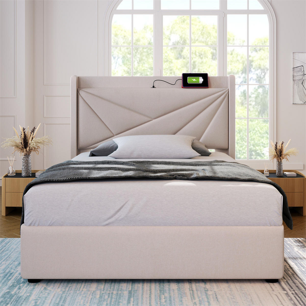 POLSTERBETT 90/200 cm in Linen mit Matratze - Beige, Holz/Textil (90/200cm) - KOMHTOM