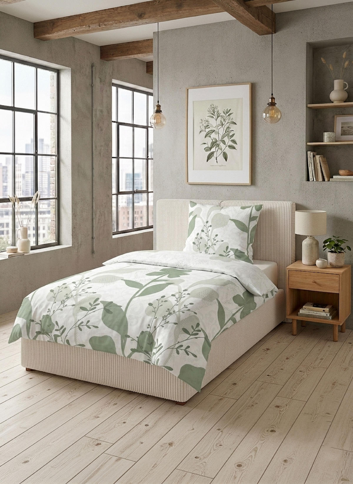 BETTWÄSCHE-GARNITUR Premium Biber Wiesenflora salbei, 135x200 cm + 80x80 cm - Salbeigrün, Textil (135/200cm) - biberna