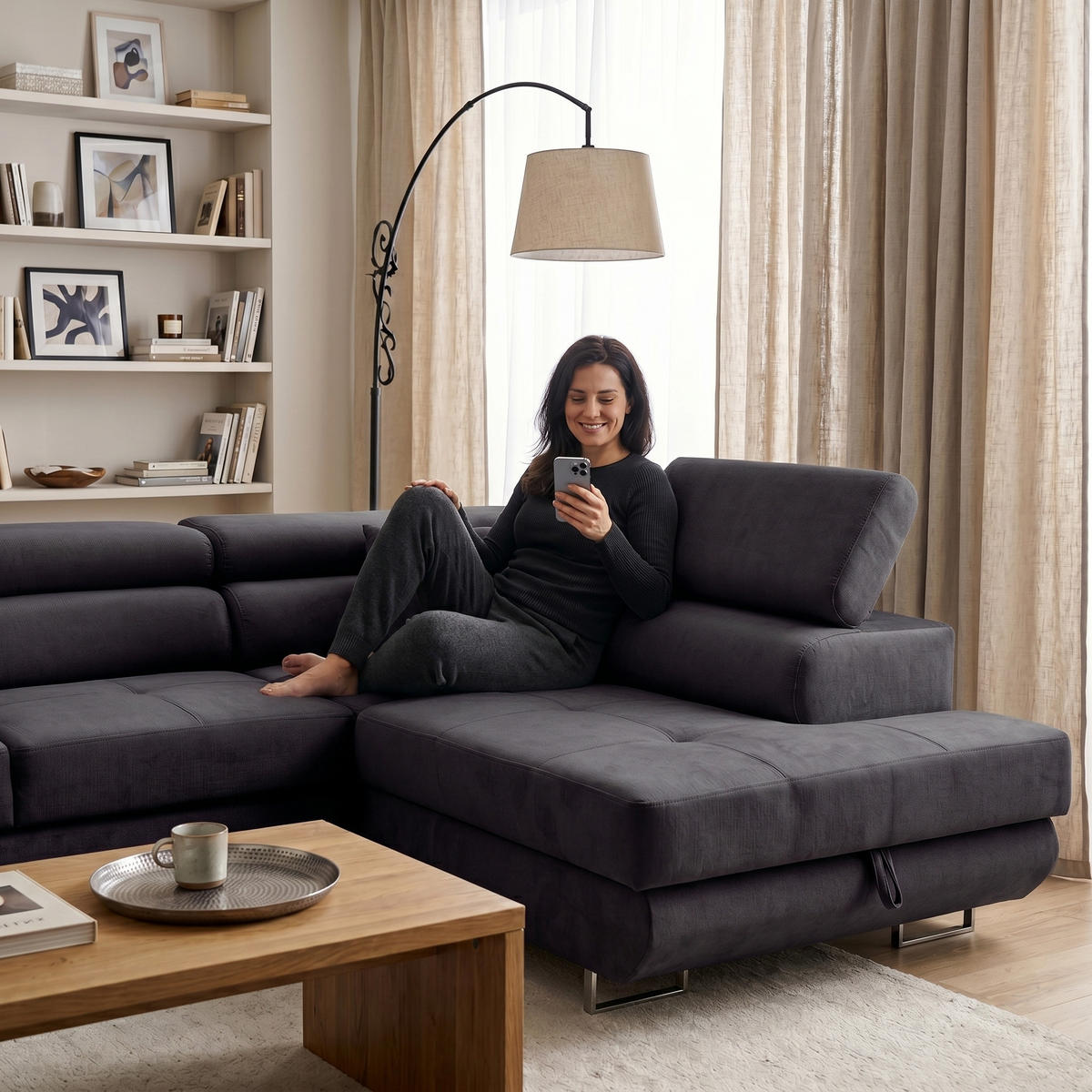 ECKSOFA WILD L Rechts mit Schlaffunktion 127x195 Velours Dunkelgrau - Chromfarben/Dunkelgrau, Holz/Textil (274/203cm) - Muffo