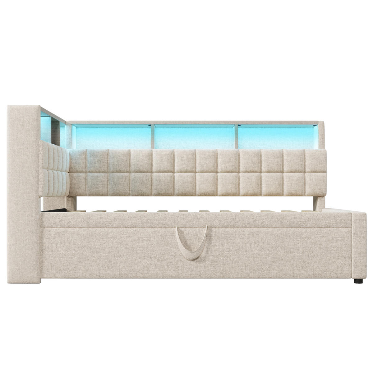 AUSZIEHBETT 90/200 cm DE-00770, in Beige, LED und L-Kopfteil - Beige, Holz (90/200cm) - ComfortXL