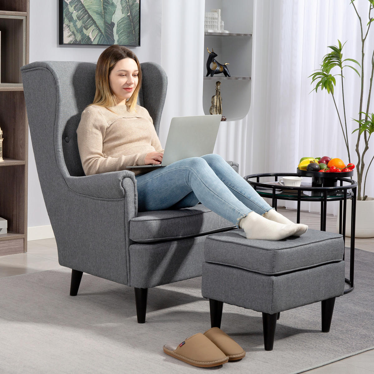 OHRENSESSEL mit Hocker Sessel mit Leinenoptik, Lendenkissen für Wohnzimmer Grau - Grau, Kunststoff (75/104/83cm) - HOMCOM
