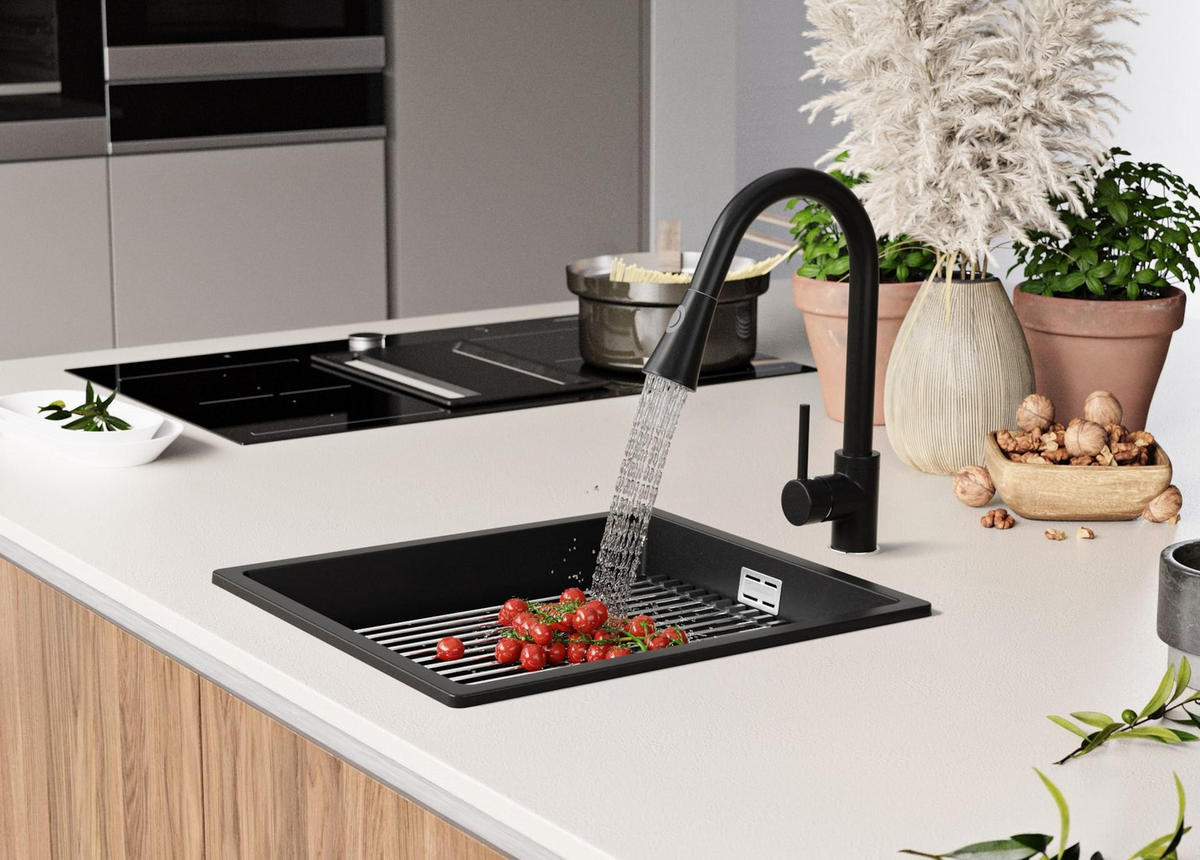 SPÜLBECKEN Praga Slim, 2-er set Schwarz 41/47 cm 1 Becken + Ablauf-Set + Aufrollbare Abtropffläche ab 45er Unterschrank - Chromfarben/Schwarz, Kunststoff (41/20/47cm) - Primagran