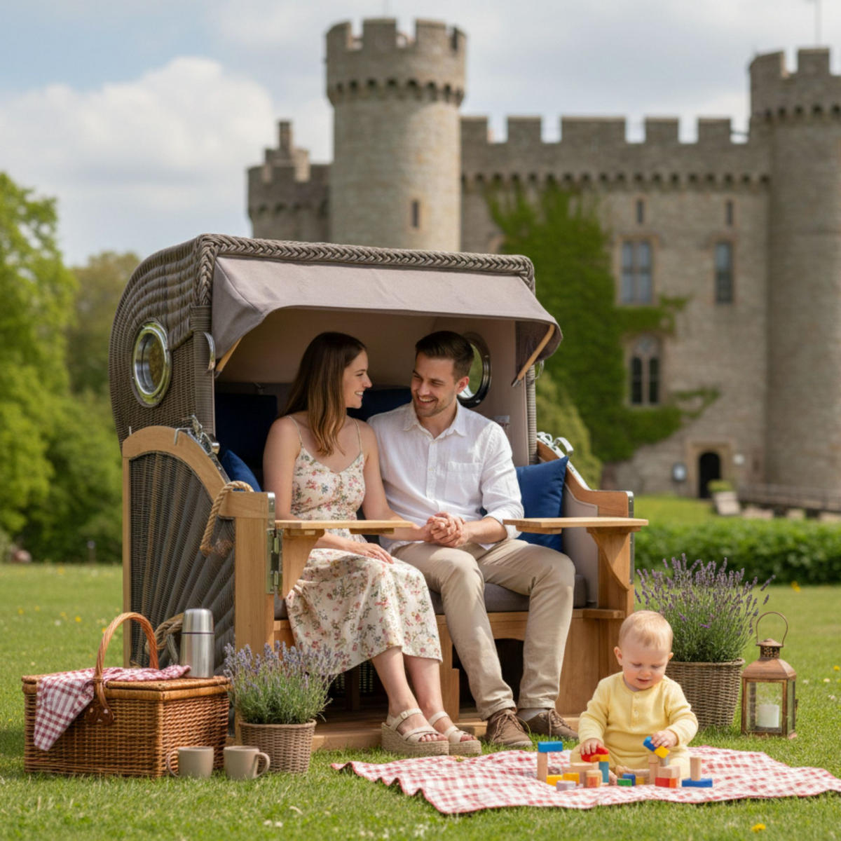 STRANDKORB Düne Grande Bullauge Teak PE Grey Dessin 589 - Braun/Grau, Metall (142/170/95cm) - Mr. Deko