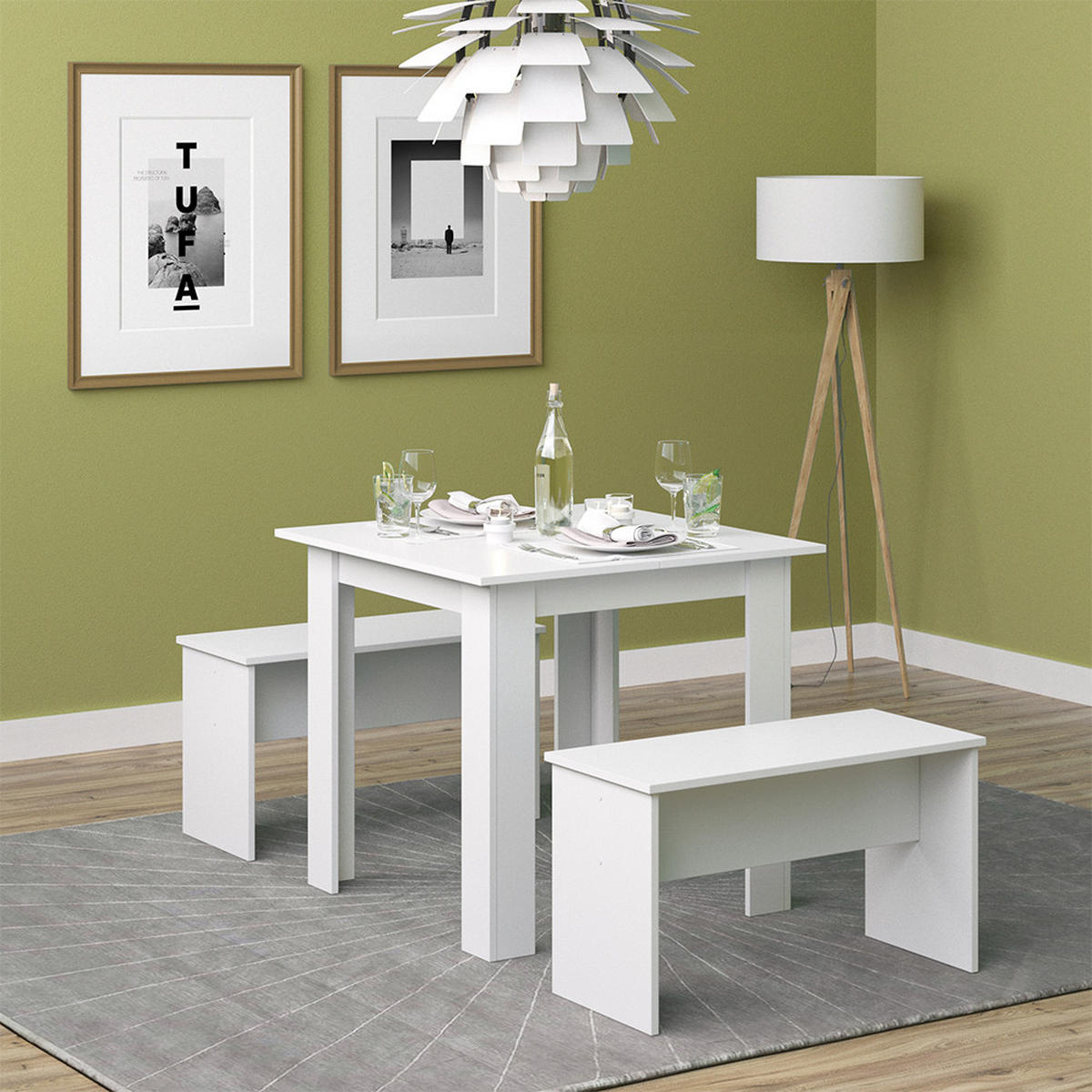 ESSTISCH SET Sentio Weiß 80 x 80 cm mit 2 Bänken - Weiß, Holzwerkstoff (80/73/80cm) - Vicco