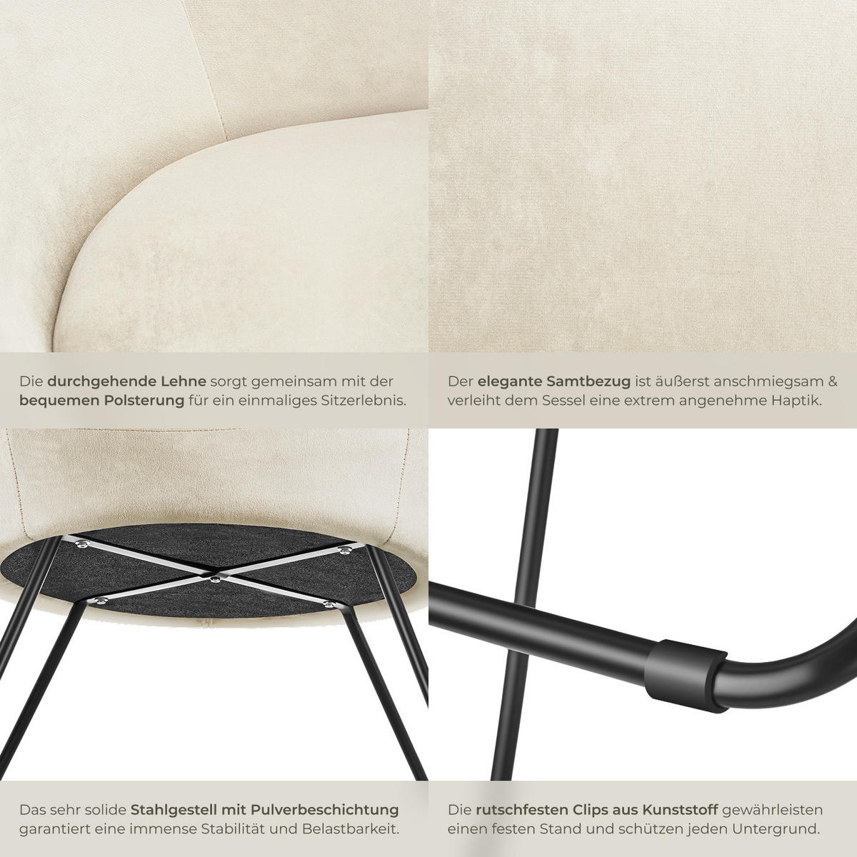 COCKTAILSESSEL Centera,83 x 73 x 82 cm,Samtoptik beige - Beige, Metall (83/82/73cm) - tectake