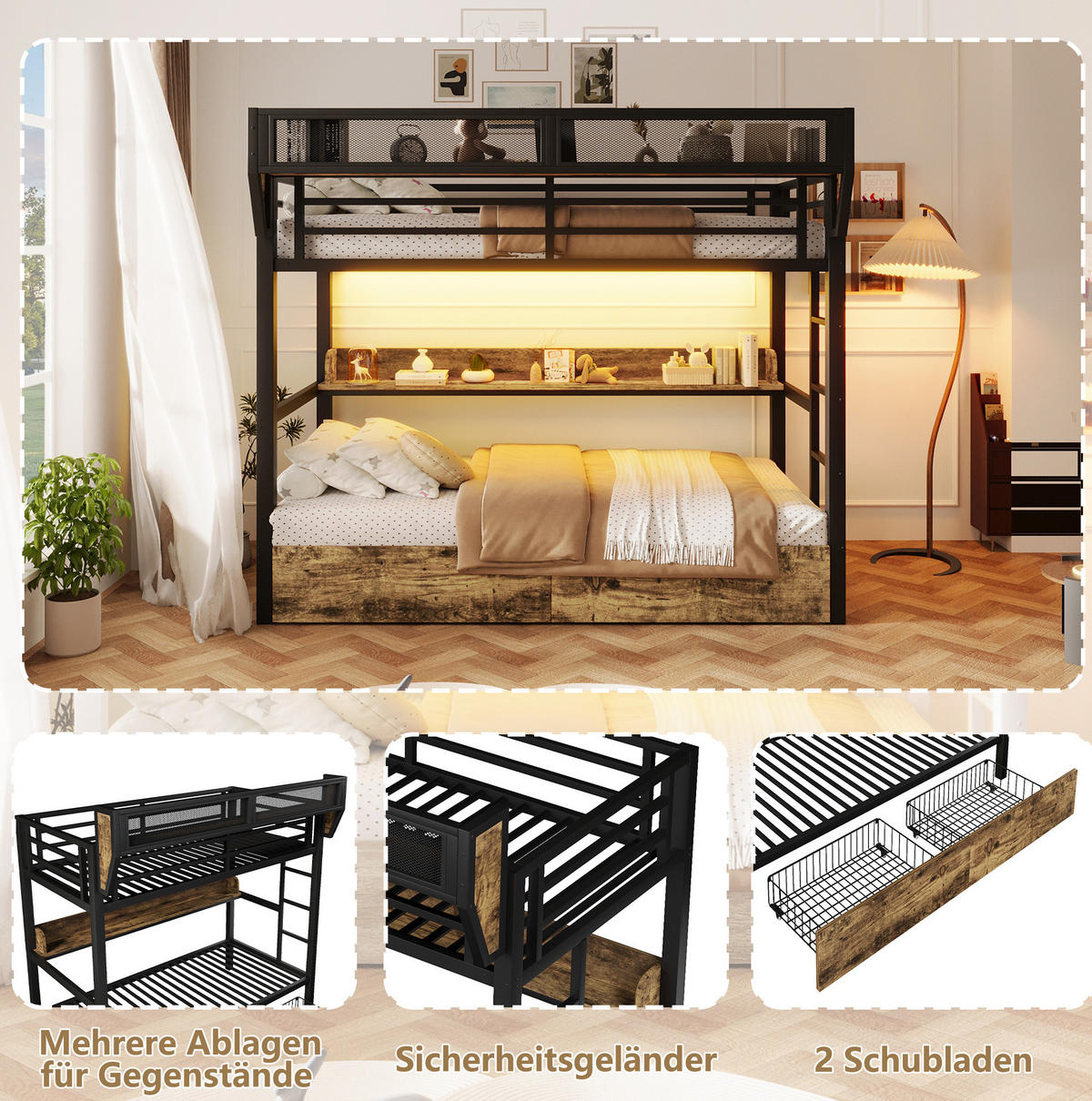 ETAGENBETT 90/200 cm aus Metall und MDF mit LED-Licht und Stauraum Schwarz - Schwarz, Holzwerkstoff (90/200cm) - Modenvie