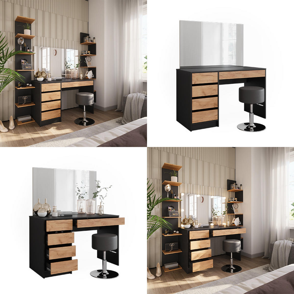 SCHMINKTISCH Sherry Anthrazit 120 x 75 cm mit Spiegel und Hocker - Honigeiche/Anthrazit, Holzwerkstoff (120/75/55cm) - Vicco