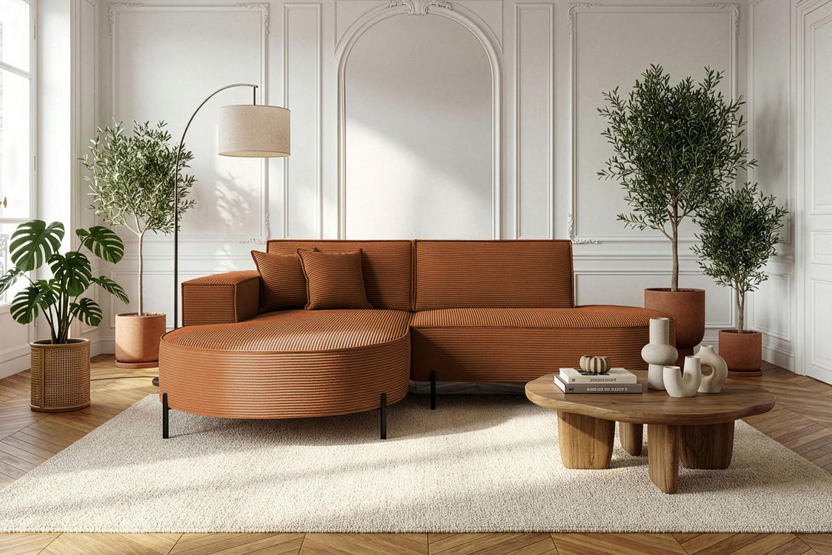 ECKSOFA Hana Loft 3-Sitzer Ecke Links, Cordstoff Chenille, Orange 241/80/168 cm - Schwarz/Orange, Textil/Metall (241/168cm) - WFL GROUP