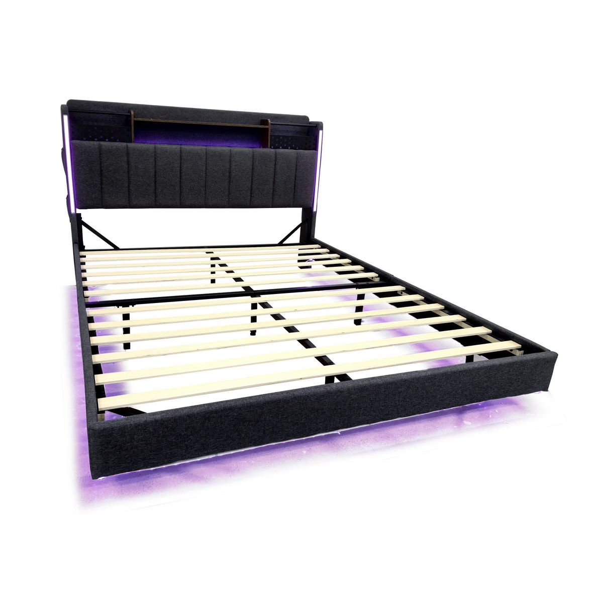 POLSTERBETT 160/200 cm grau aus Leinenstoff mit LED und USB-Anschluss mit Stauraum - Grau, Textil (160/200cm) - OKWISH