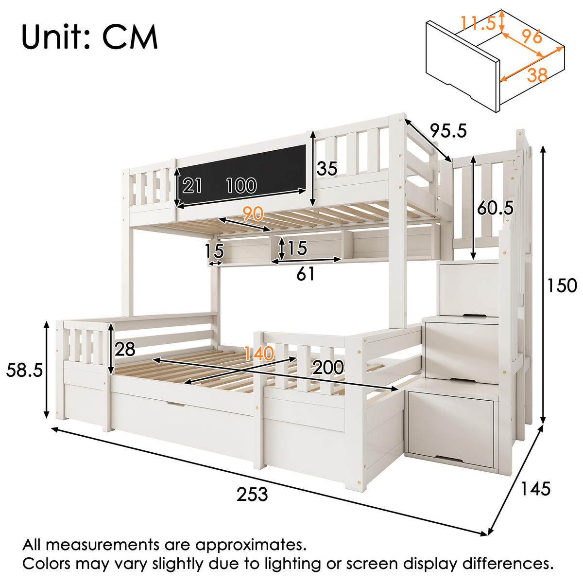 ETAGENBETT 90/200 & 140/200 cm Weiß mit Kreidetafel und Stauraumtreppe - Weiß, Holzwerkstoff - BEAOK