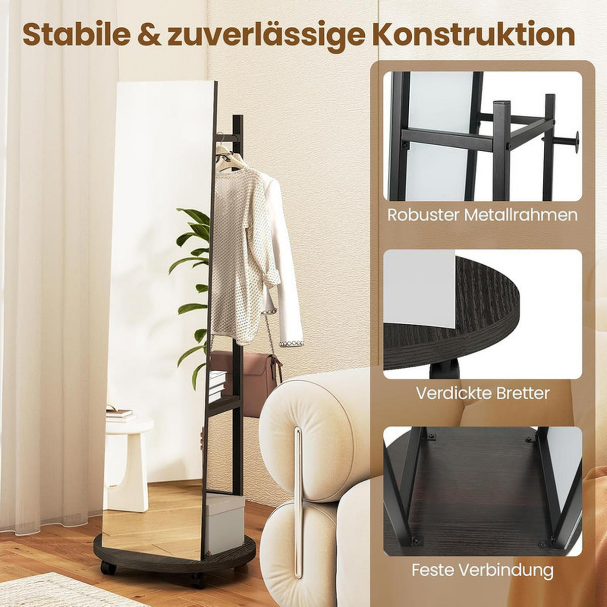 GARDEROBENSTÄNDER mit 3 Haken schwarz - Schwarz, Metall (45/135/45cm) - COSTWAY