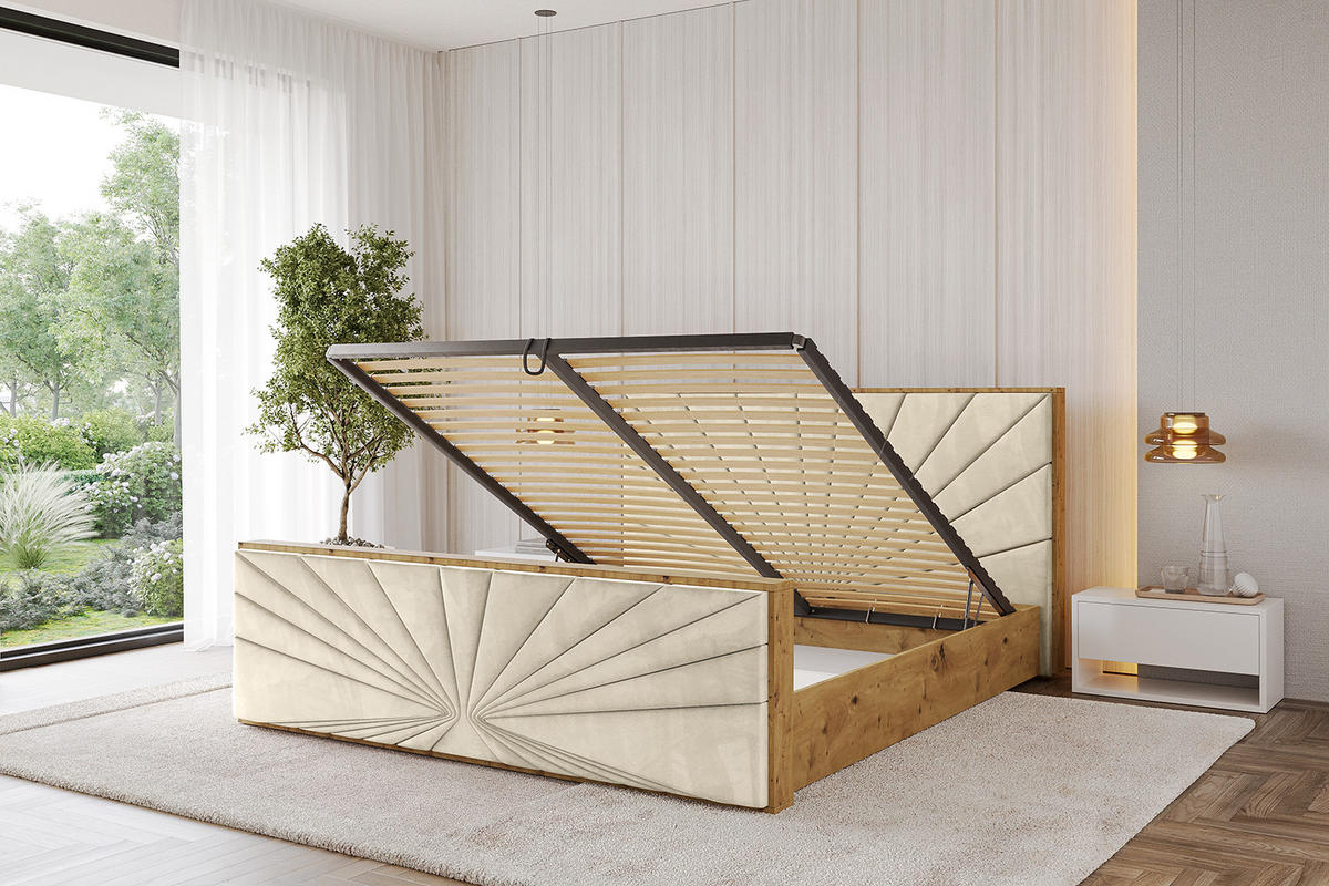 POLSTERBETT mit Bettkasten, Fußteil und Lattenrost, Boxbett mit Matratze H3/H4 - ENZO6-Z 140x200 Beige - Ecru, Holzwerkstoff/Textil (140/200cm) - ALTDECOR