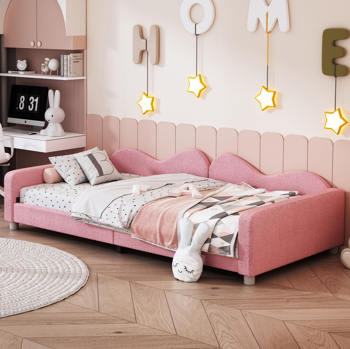 KINDERBETT 90/200 cm als Schlafsofa mit Rückenlehne, Armlehnen und Teddystoff, Rosa - Rosa, Textil (90/200cm) - Redom