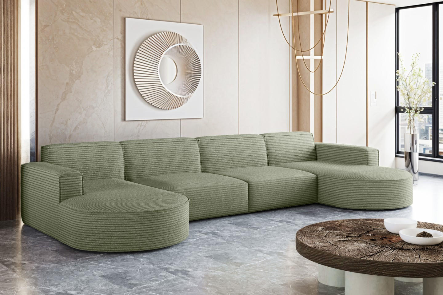 ECKSOFA U-Form XL Designer MODENA stoff Dicker Cord Poso Hellgrün - Hellgrün, Holz (165/382cm) - Kaiser Möbel