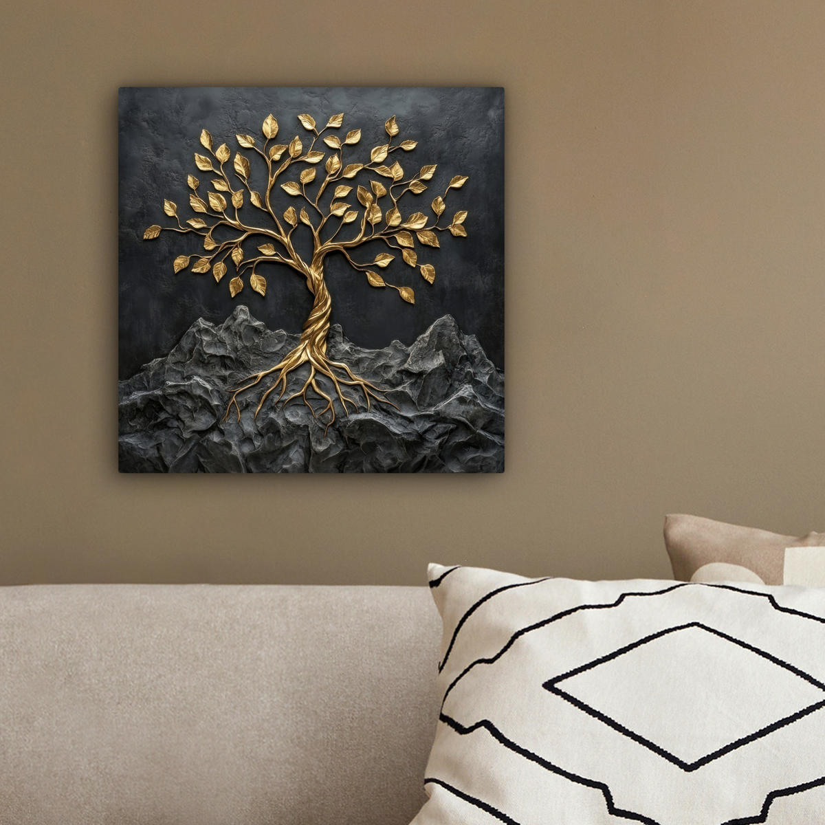 LEINWANDBILD Blätter - Gold - Baum - Fels Deko Wohnzimmer 20x20 cm - Schwarz, Textil (20/20cm) - MuchoWow