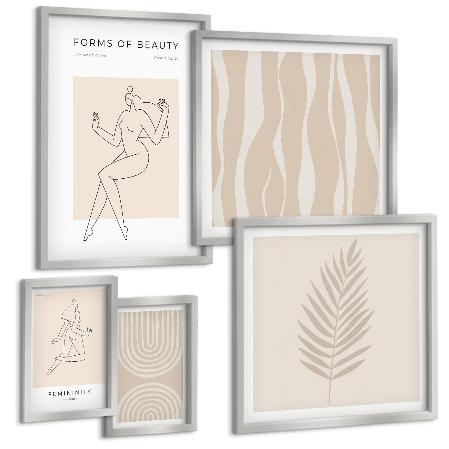 BILDER SET 5er Set - 50x50 cm & 20x30 cm & 40x60 cm Silberner Rahmen - Abstrakte Boho-Dekorationen - Silberfarben, Kunststoff (40/60cm) - TULUP