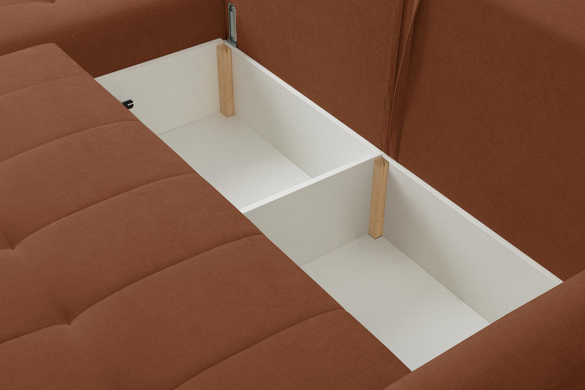 ECKSOFA Primo mit Schlaffunktion und Bettkasten in Cordstoff - Rostfarben/Schwarz, Holz/Holzwerkstoff (245/143cm) - Ravio